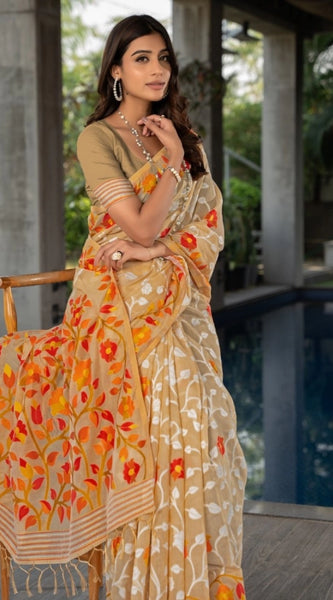 Mayawye Women's Cotton Printed Saree With Unstitched Blouse (Beige, 5-6 Mtrs)