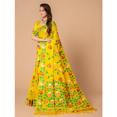 Mayawye Women's Cotton Printed Saree With Unstitched Blouse (Yellow, 5-6 Mtrs)