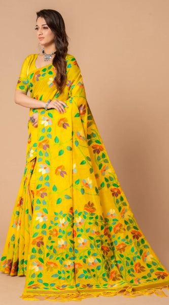 Mayawye Women's Cotton Printed Saree With Unstitched Blouse (Yellow, 5-6 Mtrs)