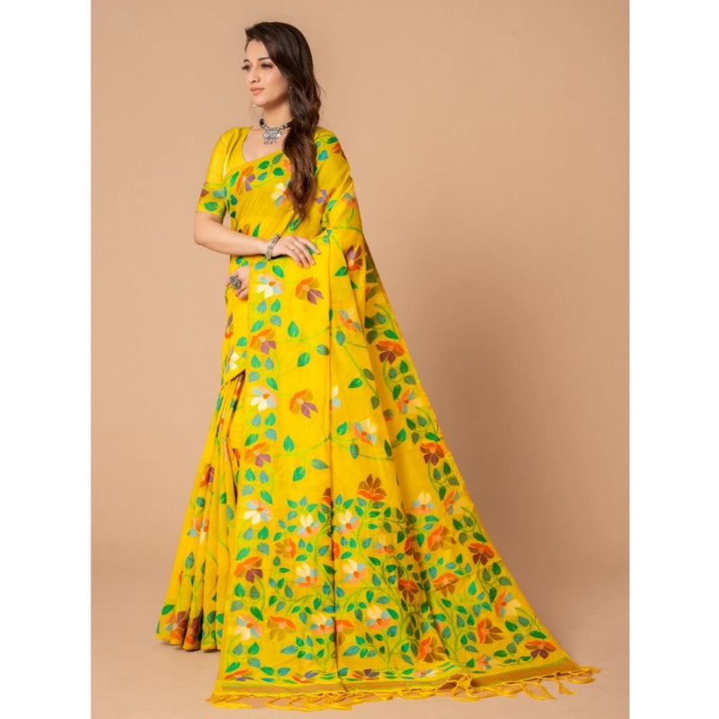 Mayawye Women's Cotton Printed Saree With Unstitched Blouse (Yellow, 5-6 Mtrs)