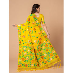 Mayawye Women's Cotton Printed Saree With Unstitched Blouse (Yellow, 5-6 Mtrs)