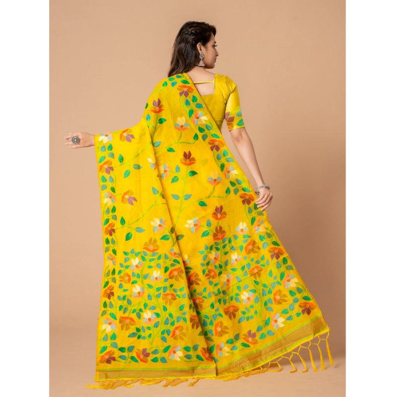 Mayawye Women's Cotton Printed Saree With Unstitched Blouse (Yellow, 5-6 Mtrs)