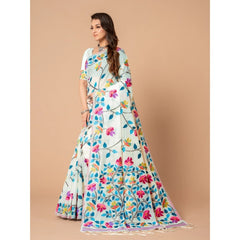 Mayawye Women's Cotton Printed Saree With Unstitched Blouse (White, 5-6 Mtrs)