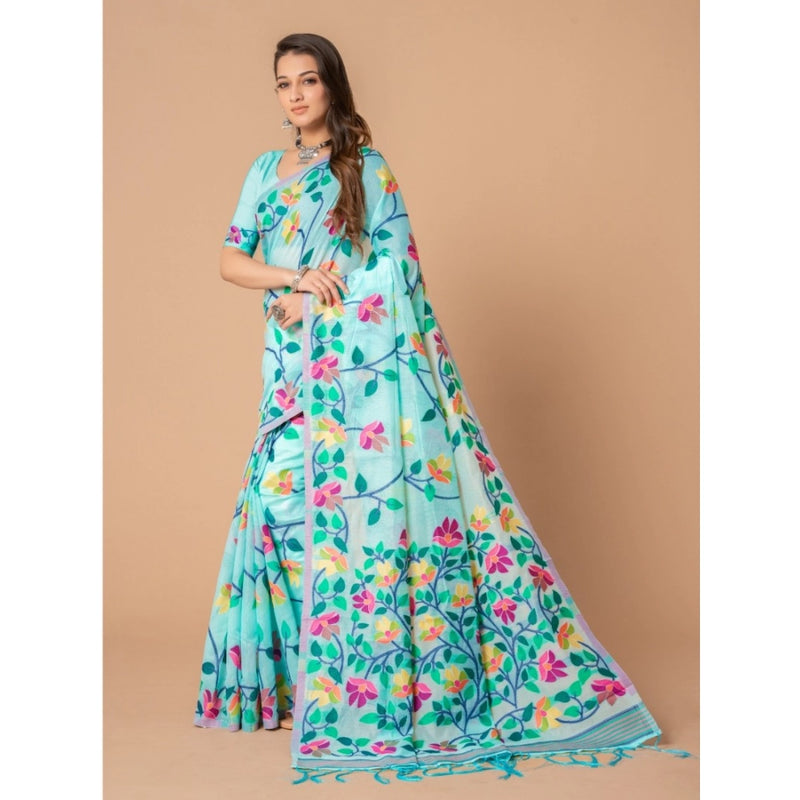 Mayawye Women's Cotton Printed Saree With Unstitched Blouse (Sky Blue, 5-6 Mtrs)