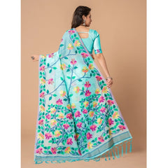 Mayawye Women's Cotton Printed Saree With Unstitched Blouse (Sky Blue, 5-6 Mtrs)