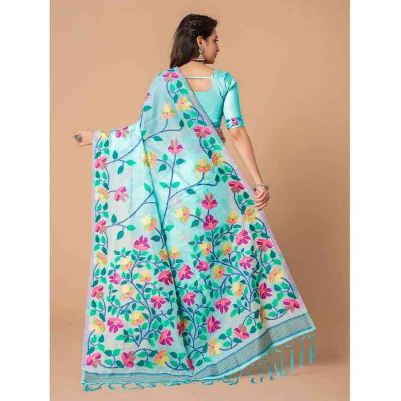 Mayawye Women's Cotton Printed Saree With Unstitched Blouse (Sky Blue, 5-6 Mtrs)