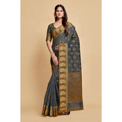 Mayawye Women's Chanderi Cotton Printed Saree With Unstitched Blouse (Grey, 5-6 Mtrs)