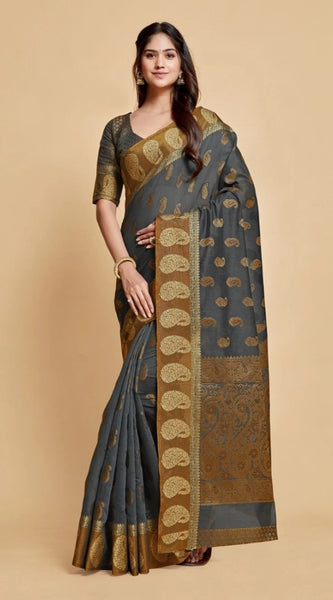 Mayawye Women's Chanderi Cotton Printed Saree With Unstitched Blouse (Grey, 5-6 Mtrs)