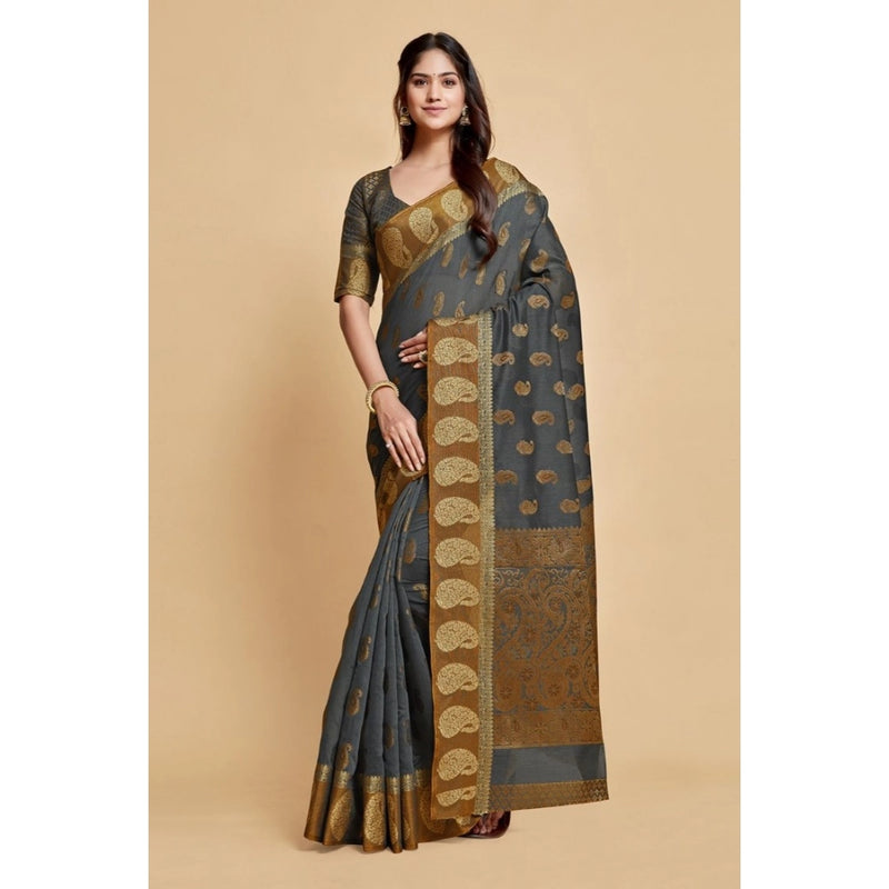 Mayawye Women's Chanderi Cotton Printed Saree With Unstitched Blouse (Grey, 5-6 Mtrs)