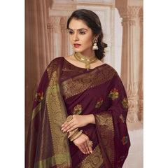 Mayawye Women's Chanderi Cotton Printed Saree With Unstitched Blouse (Maroon, 5-6 Mtrs)