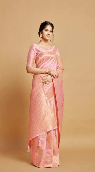 Mayawye Women's Linen Printed Saree With Unstitched Blouse (Pink, 5-6 Mtrs)
