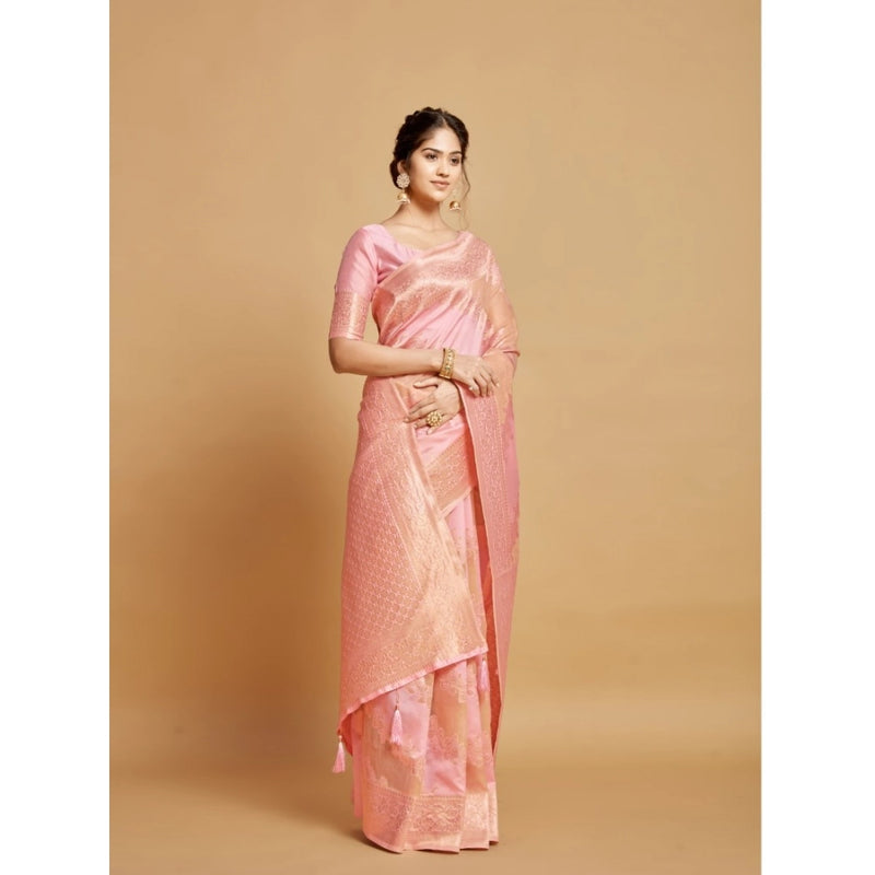 Mayawye Women's Linen Printed Saree With Unstitched Blouse (Pink, 5-6 Mtrs)