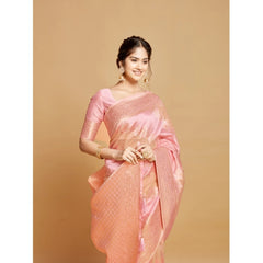 Mayawye Women's Linen Printed Saree With Unstitched Blouse (Pink, 5-6 Mtrs)