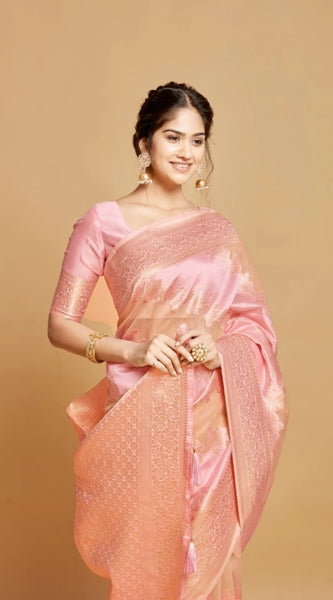 Mayawye Women's Linen Printed Saree With Unstitched Blouse (Pink, 5-6 Mtrs)