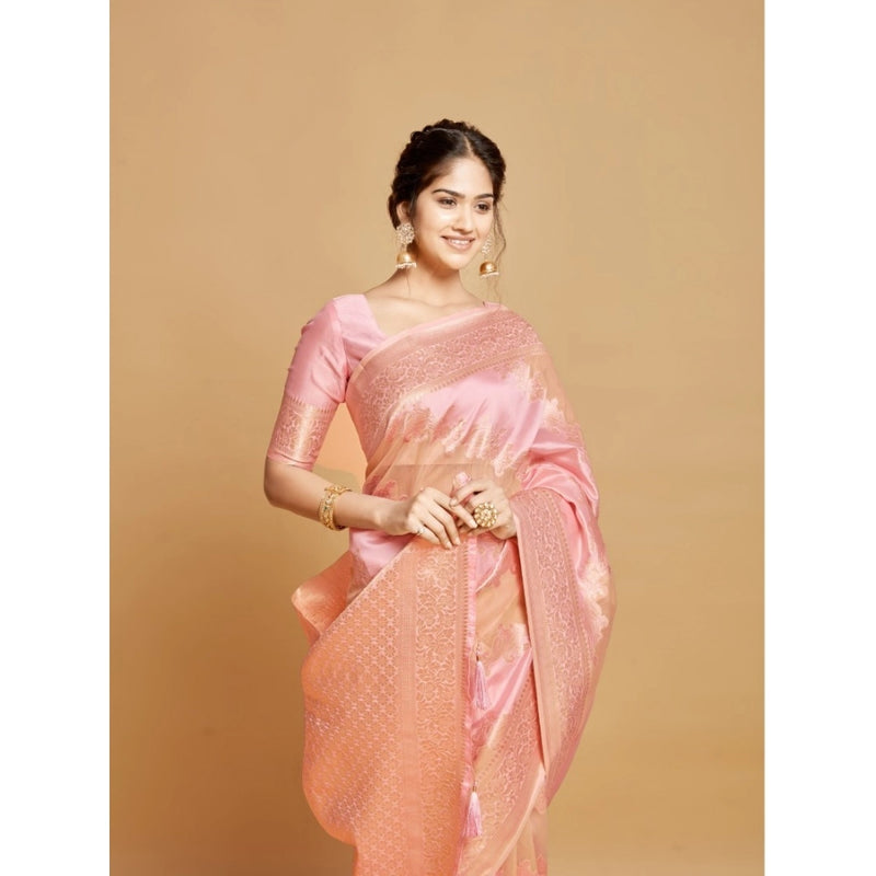 Mayawye Women's Linen Printed Saree With Unstitched Blouse (Pink, 5-6 Mtrs)