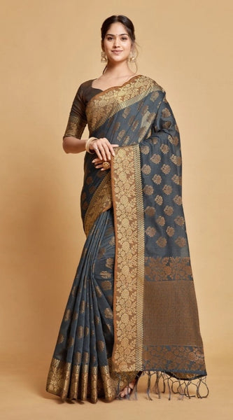 Mayawye Women's Chanderi Cotton Printed Saree With Unstitched Blouse (Grey, 5-6 Mtrs)