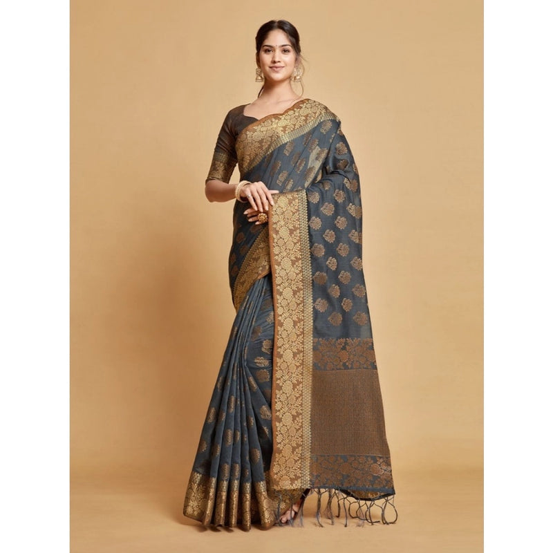 Mayawye Women's Chanderi Cotton Printed Saree With Unstitched Blouse (Grey, 5-6 Mtrs)