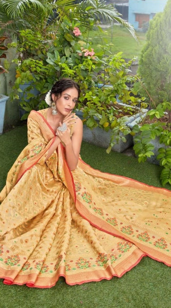 Mayawye Women's Organza Printed Saree With Unstitched Blouse (Beige, 5-6 Mtrs)