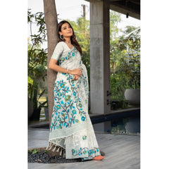 Mayawye Women's Cotton Printed Saree With Unstitched Blouse (White, 5-6 Mtrs)
