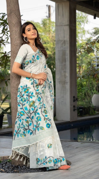 Mayawye Women's Cotton Printed Saree With Unstitched Blouse (White, 5-6 Mtrs)
