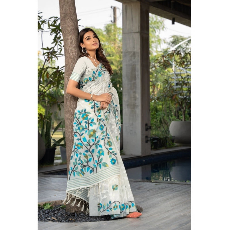 Mayawye Women's Cotton Printed Saree With Unstitched Blouse (White, 5-6 Mtrs)