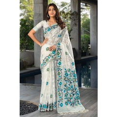 Mayawye Women's Cotton Printed Saree With Unstitched Blouse (White, 5-6 Mtrs)