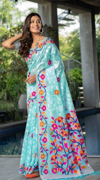 Mayawye Women's Cotton Printed Saree With Unstitched Blouse (Sky Blue, 5-6 Mtrs)