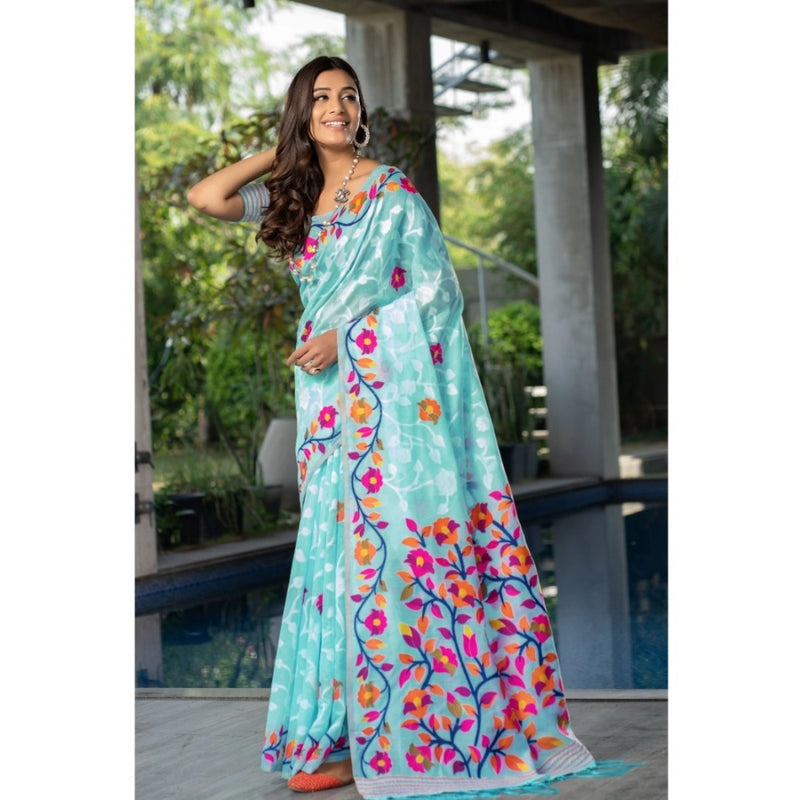 Mayawye Women's Cotton Printed Saree With Unstitched Blouse (Sky Blue, 5-6 Mtrs)