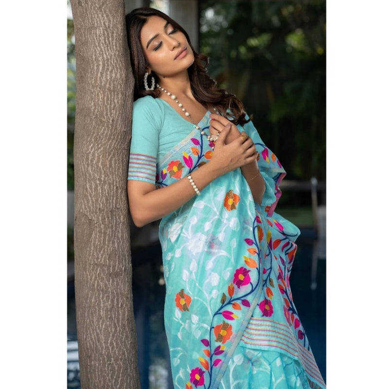 Mayawye Women's Cotton Printed Saree With Unstitched Blouse (Sky Blue, 5-6 Mtrs)