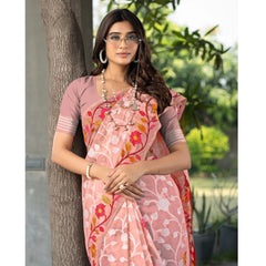 Mayawye Women's Cotton Printed Saree With Unstitched Blouse (Peach, 5-6 Mtrs)