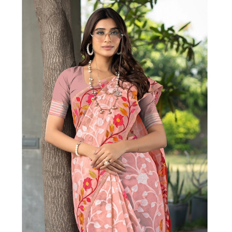 Mayawye Women's Cotton Printed Saree With Unstitched Blouse (Peach, 5-6 Mtrs)