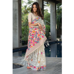 Mayawye Women's Cotton Printed Saree With Unstitched Blouse (Off-White, 5-6 Mtrs)