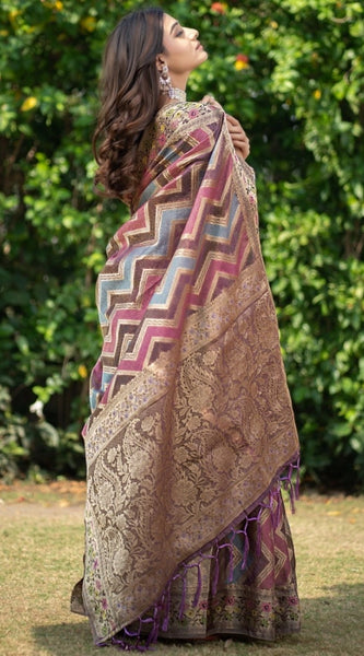 Mayawye Women's Organza Printed Saree With Unstitched Blouse (Wine, 5-6 Mtrs)