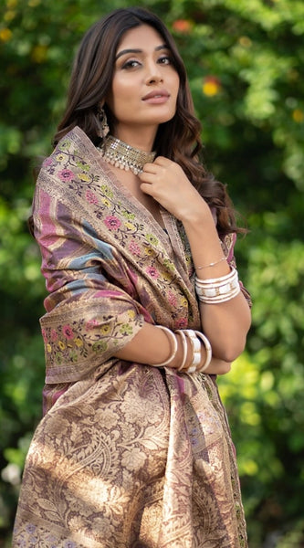 Mayawye Women's Organza Printed Saree With Unstitched Blouse (Wine, 5-6 Mtrs)