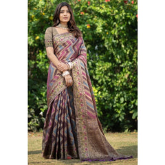 Mayawye Women's Organza Printed Saree With Unstitched Blouse (Wine, 5-6 Mtrs)