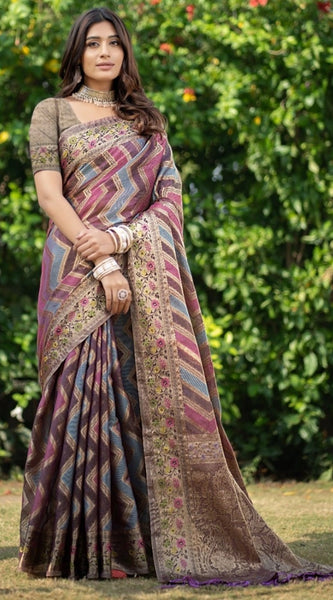 Mayawye Women's Organza Printed Saree With Unstitched Blouse (Wine, 5-6 Mtrs)