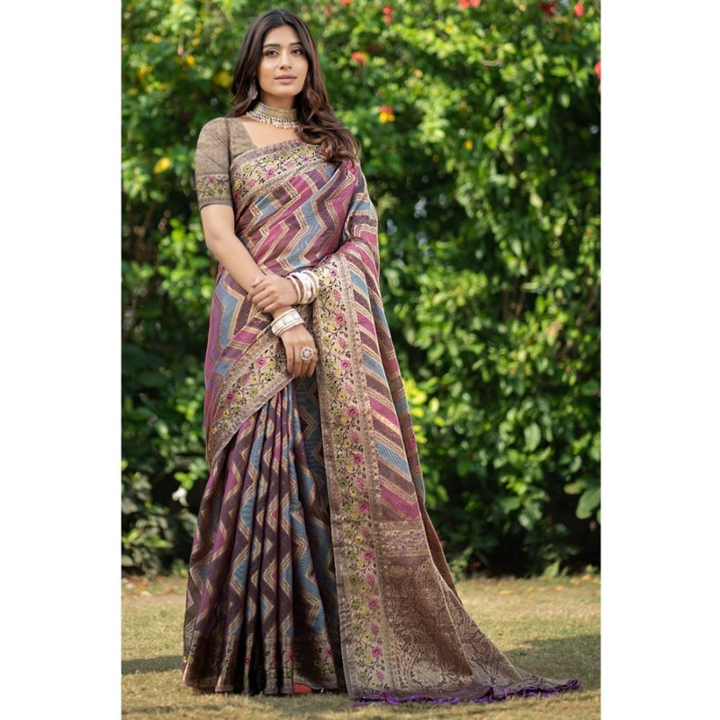 Mayawye Women's Organza Printed Saree With Unstitched Blouse (Wine, 5-6 Mtrs)