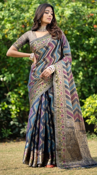 Mayawye Women's Organza Printed Saree With Unstitched Blouse (Teal, 5-6 Mtrs)