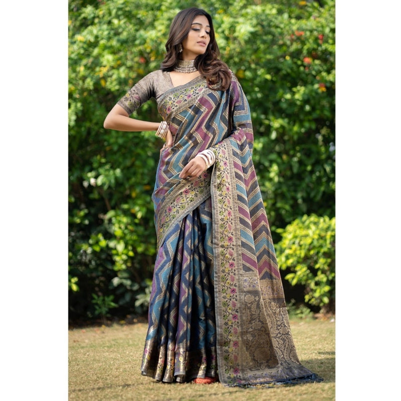 Mayawye Women's Organza Printed Saree With Unstitched Blouse (Teal, 5-6 Mtrs)