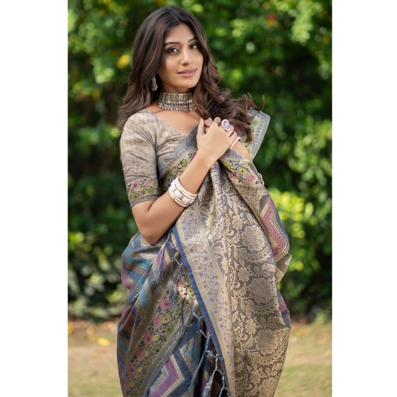 Mayawye Women's Organza Printed Saree With Unstitched Blouse (Teal, 5-6 Mtrs)