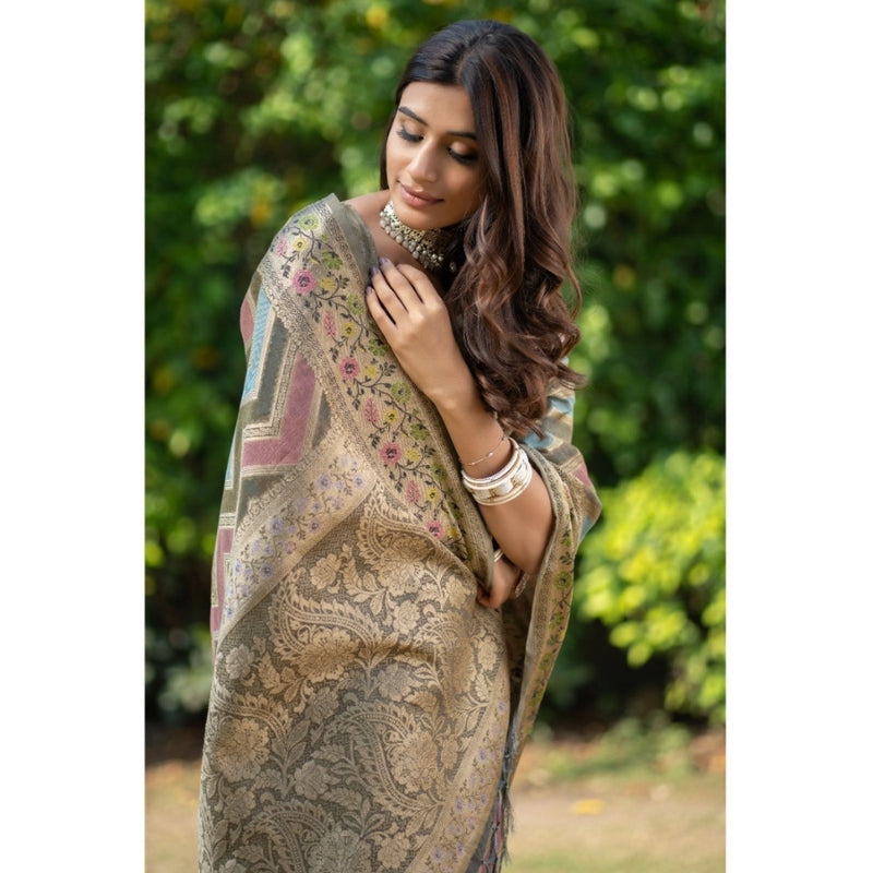 Mayawye Women's Organza Printed Saree With Unstitched Blouse (Grey, 5-6 Mtrs)