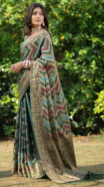 Mayawye Women's Organza Printed Saree With Unstitched Blouse (Green, 5-6 Mtrs)