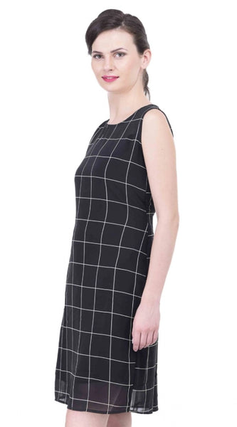 Mayawye Women's Cotton Blend Checked Sleeveless Sheath Dress (Black)
