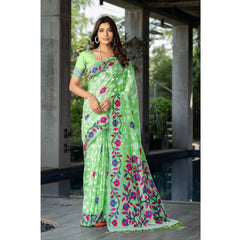 Mayawye Women's Cotton Printed Saree With Unstitched Blouse (Green, 5-6 Mtrs)