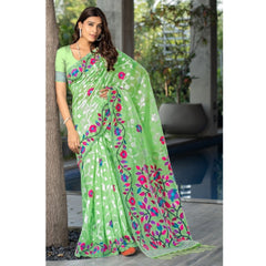 Mayawye Women's Cotton Printed Saree With Unstitched Blouse (Green, 5-6 Mtrs)
