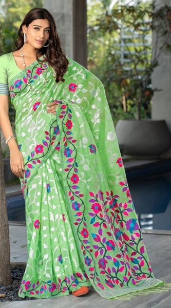 Mayawye Women's Cotton Printed Saree With Unstitched Blouse (Green, 5-6 Mtrs)