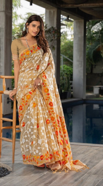 Mayawye Women's Cotton Printed Saree With Unstitched Blouse (Beige, 5-6 Mtrs)