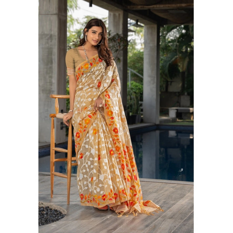 Mayawye Women's Cotton Printed Saree With Unstitched Blouse (Beige, 5-6 Mtrs)