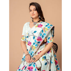 Mayawye Women's Cotton Printed Saree With Unstitched Blouse (White, 5-6 Mtrs)