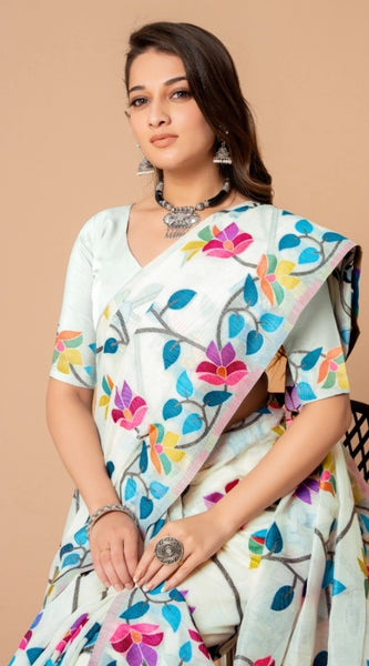 Mayawye Women's Cotton Printed Saree With Unstitched Blouse (White, 5-6 Mtrs)